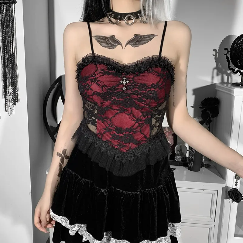 Velvet Black Lace Backless Crop Top Women Gothic Tank Top