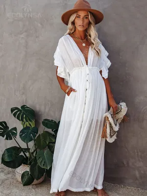Sexy Deep V-Neck Butterfly Sleeve Self Belted High Waist Button Front Open Summer Beach Dress