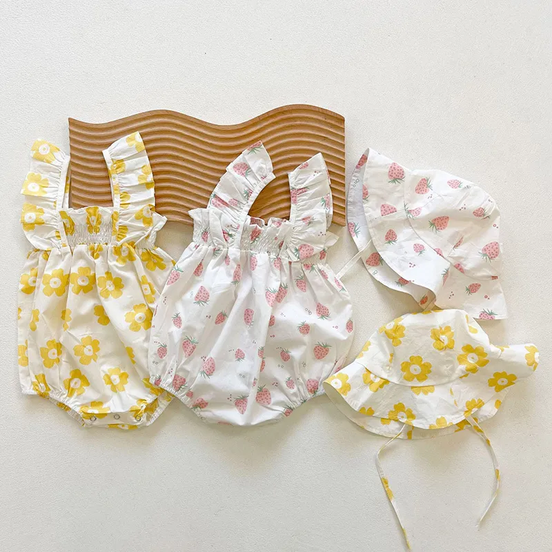 Newborn Toddler Girls Floral Cotton Bodysuit Infant One Piece With Hat Summer Short Sleeve