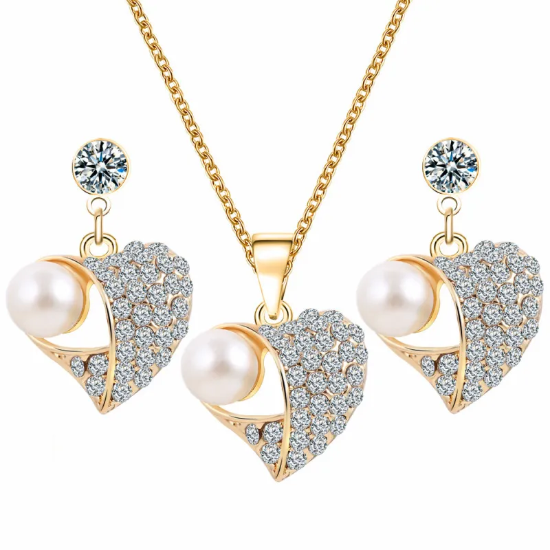 Women Elegant Heart Shaped Imitation Pearl Rhinestone Jewelry Set