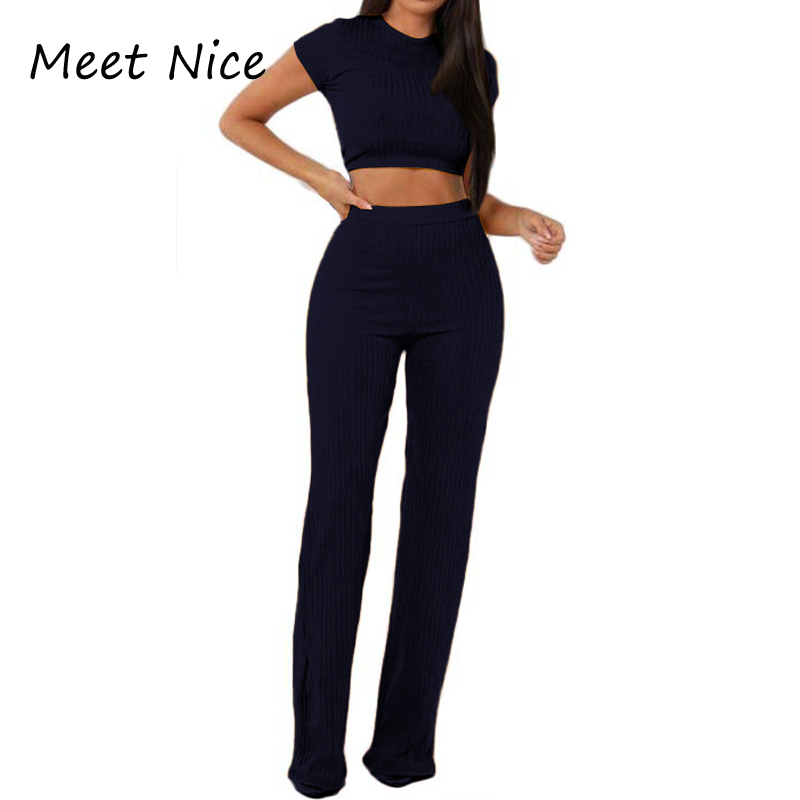 2 Two Piece Set Women Ribbed O Neck Crop Top and Long Pants Set