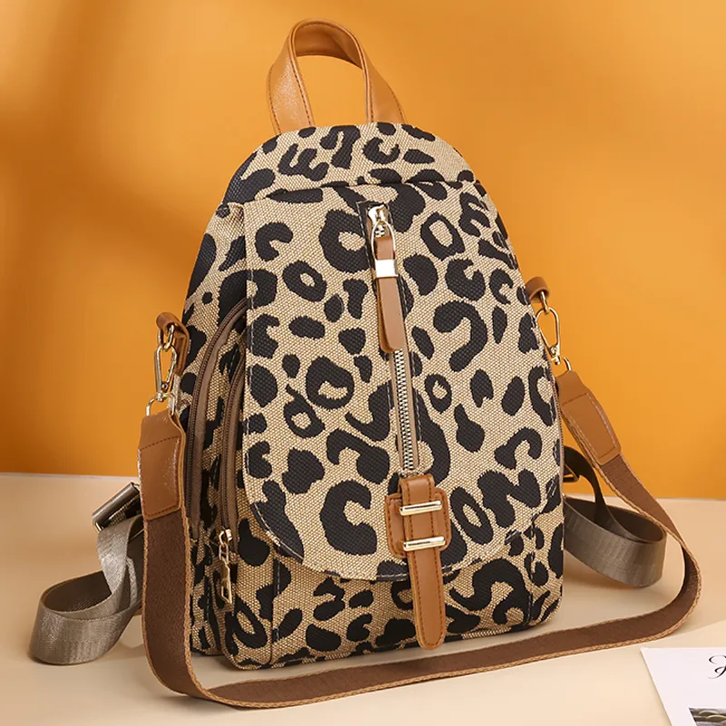 Women Fashion Leopard Print PU Backpack with Zipper Design, Multifunctional Large Capacity