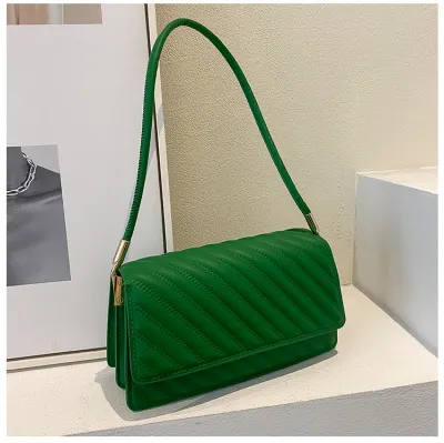 Women Fashion Flap Buckle Design Striped Embossed Solid Color PU Underarm Shoulder Bag