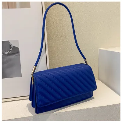 Women Fashion Flap Buckle Design Striped Embossed Solid Color PU Underarm Shoulder Bag