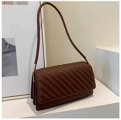 Women Fashion Flap Buckle Design Striped Embossed Solid Color PU Underarm Shoulder Bag