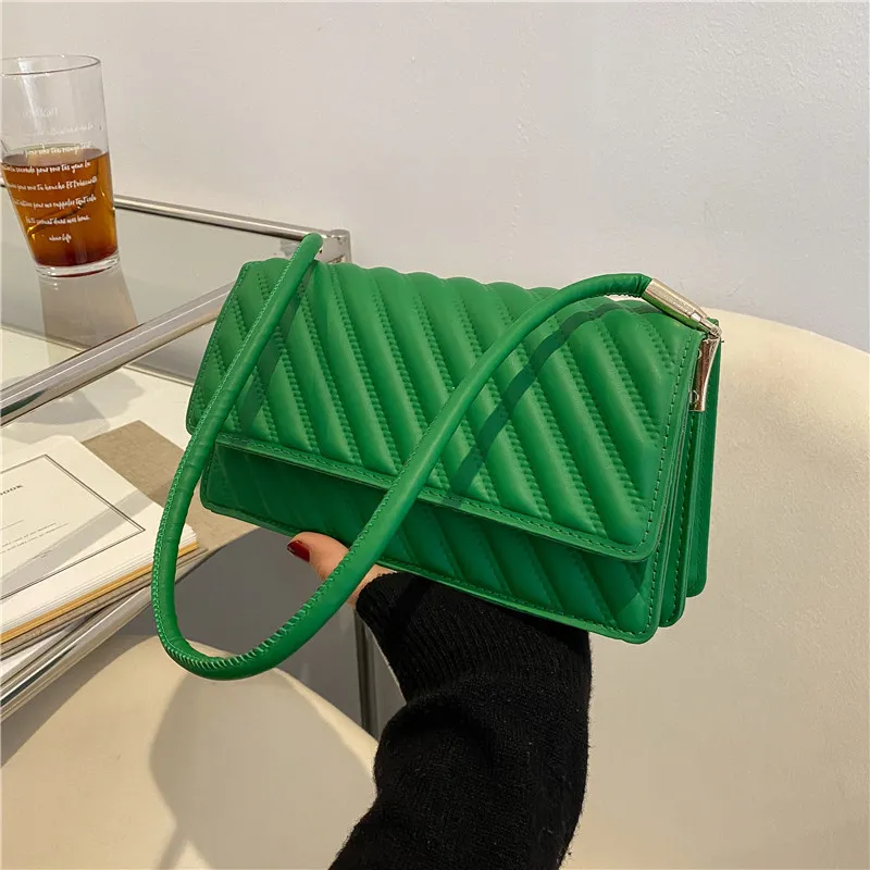 Women Fashion Flap Buckle Design Striped Embossed Solid Color PU Underarm Shoulder Bag