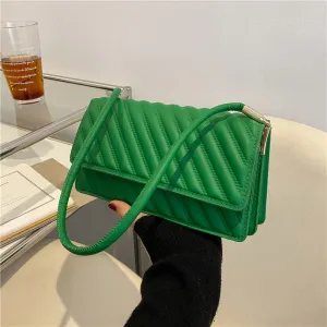 Women Fashion Flap Buckle Design Striped Embossed Solid Color PU Underarm Shoulder Bag