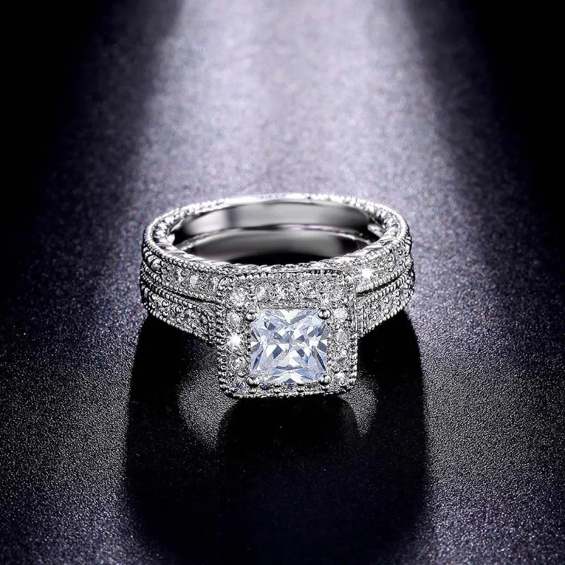 Silver-Plated Diamond Geometric Couple Square Ring Set Unisex 925 Silver