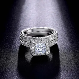 Silver-Plated Diamond Geometric Couple Square Ring Set Unisex 925 Silver
