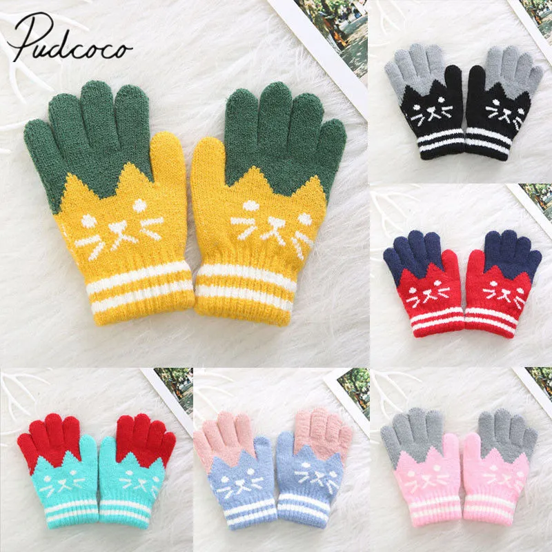 2019 Brand New Kids Baby Girls Boys Winter Knitted Gloves Cartoon Warm Mittens Toddlers Outdoor Cartoon Cats Cute Gloves