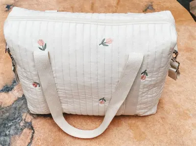 Embroidered Baby Care Beige Cotton Zipper Diaper Handbag Extra Large