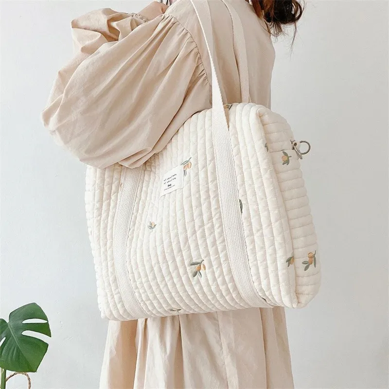 Embroidered Baby Care Beige Cotton Zipper Diaper Handbag Extra Large