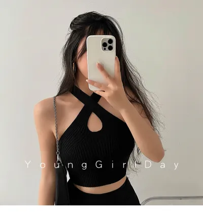 Women Y2K Knitted Off Shoulder Halter Camis Tops Summer Cropped