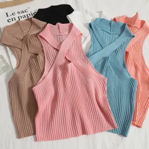 Women Y2K Knitted Off Shoulder Halter Camis Tops Summer Cropped