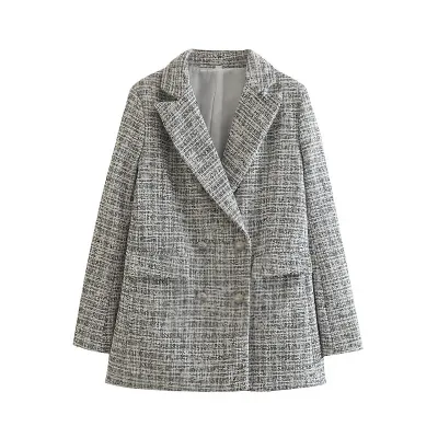Women Vintage Plaid Double Breasted Blazer for Office Casual Wear
