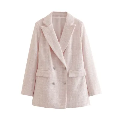 Women Vintage Plaid Double Breasted Blazer for Office Casual Wear
