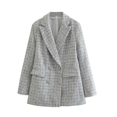 Women Vintage Plaid Double Breasted Blazer for Office Casual Wear