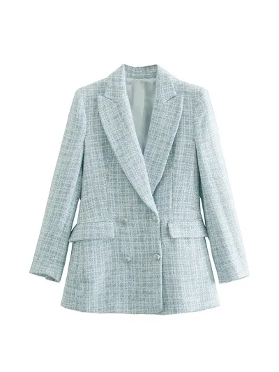 Women Vintage Plaid Double Breasted Blazer for Office Casual Wear