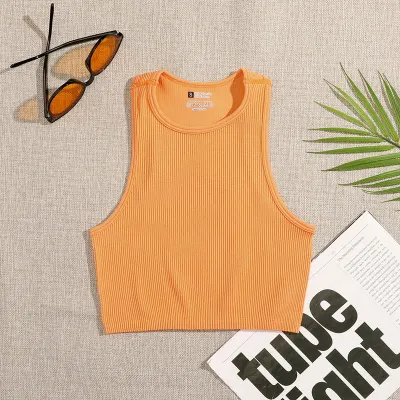 Women Rib Knit Sleeveless Crop Tank Top Solid Color Casual