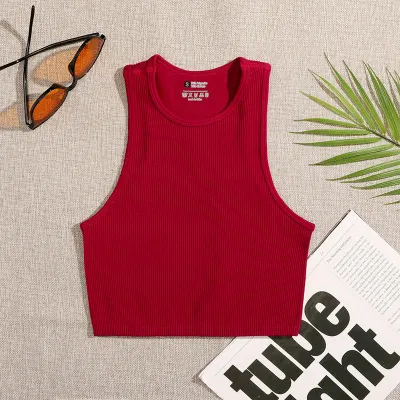 Women Rib Knit Sleeveless Crop Tank Top Solid Color Casual