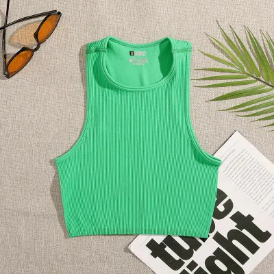 Women Rib Knit Sleeveless Crop Tank Top Solid Color Casual