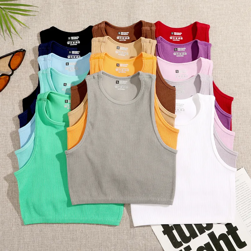 Women Rib Knit Sleeveless Crop Tank Top Solid Color Casual