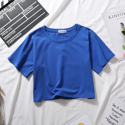 Women Basic Summer Short Sleeves Solid Color Round Neck High Waist Crop Top Casual Loose T-shirt