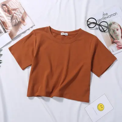 Women Basic Summer Short Sleeves Solid Color Round Neck High Waist Crop Top Casual Loose T-shirt