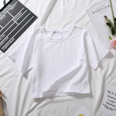 Women Basic Summer Short Sleeves Solid Color Round Neck High Waist Crop Top Casual Loose T-shirt