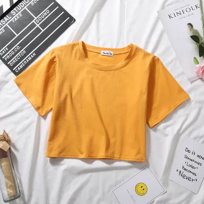 Women Basic Summer Short Sleeves Solid Color Round Neck High Waist Crop Top Casual Loose T-shirt