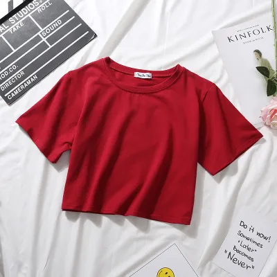 Women Basic Summer Short Sleeves Solid Color Round Neck High Waist Crop Top Casual Loose T-shirt