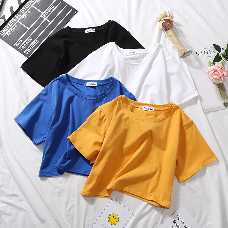 Women Basic Summer Short Sleeves Solid Color Round Neck High Waist Crop Top Casual Loose T-shirt