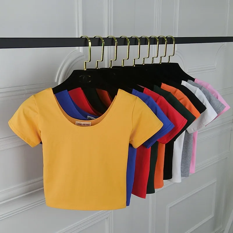 Women Edgy Sexy Solid Color Short-sleeved Round Neck Crop Top