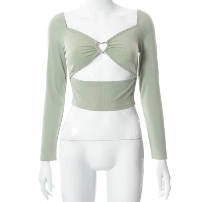 Women Sexy Edgy Long Sleeves Cut Out V Neck Solid Color Crop Top