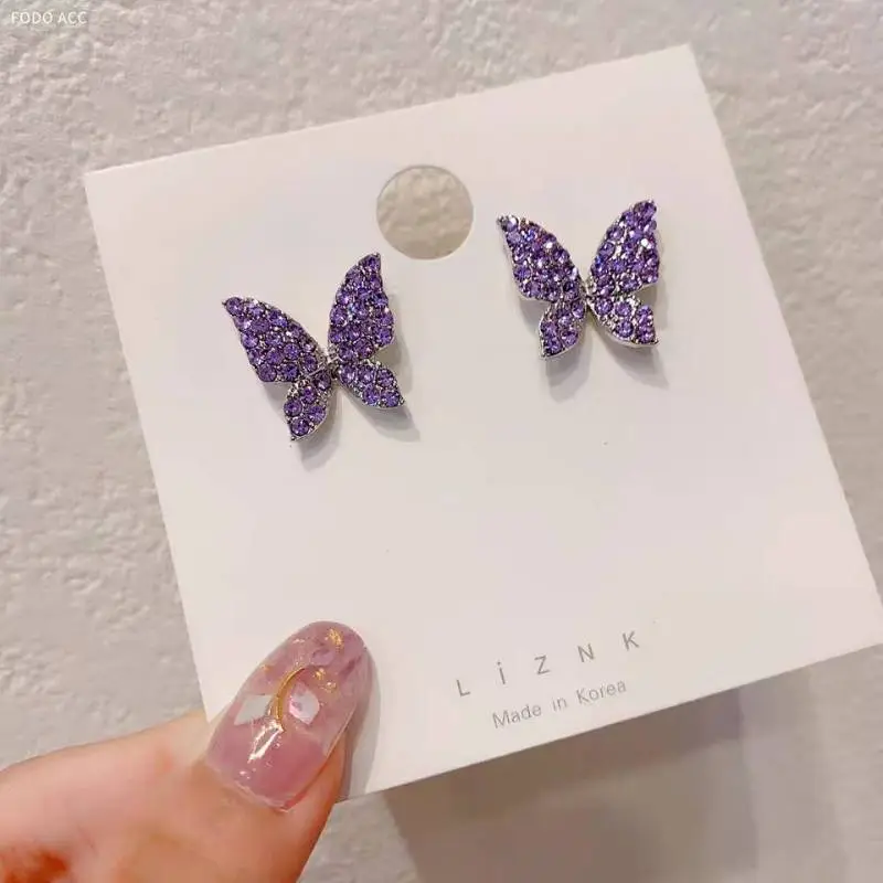 Women Chic Purple Rhinestone Butterfly Shaped Stud Earrings