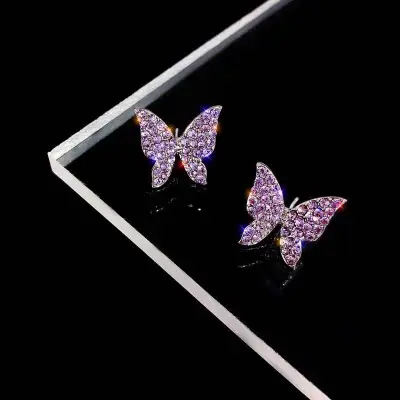 Women Chic Purple Rhinestone Butterfly Shaped Stud Earrings