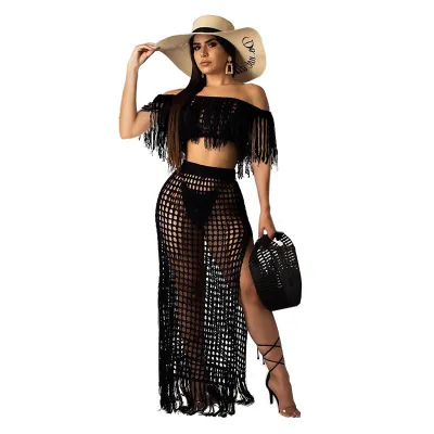 Knitted Women Set Slash Neck Cover Ups Slit Tassel Skirt 2 Pieces Set