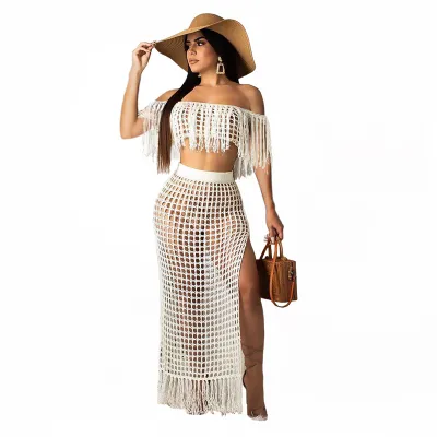 Knitted Women Set Slash Neck Cover Ups Slit Tassel Skirt 2 Pieces Set