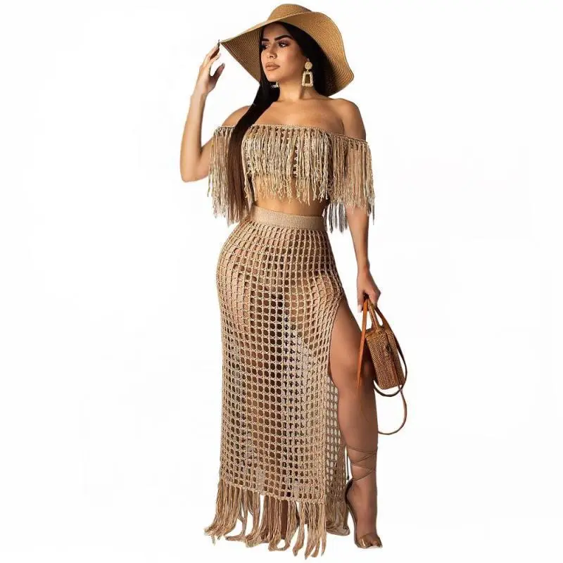 Knitted Women Set Slash Neck Cover Ups Slit Tassel Skirt 2 Pieces Set