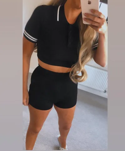 Knitting Ribbed Women Two Piece Sets Short Sleeve Button Crop Top And Skirt Co-Ord Set