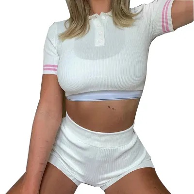 Knitting Ribbed Women Two Piece Sets Short Sleeve Button Crop Top And Skirt Co-Ord Set