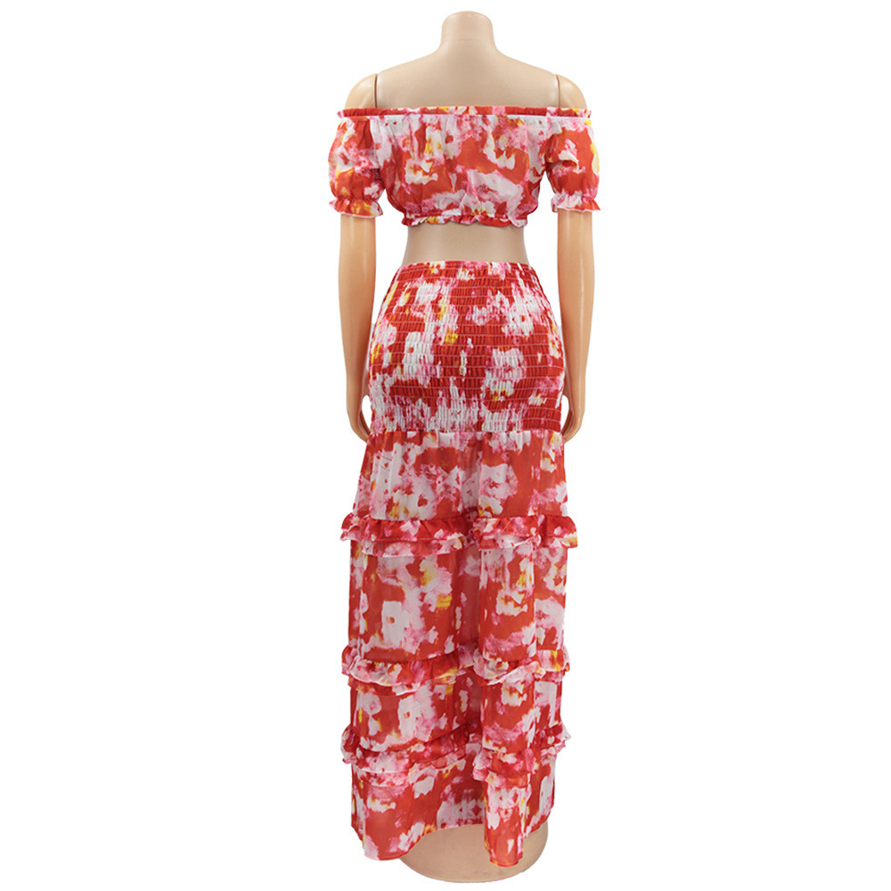 Wholesale Floral Print Two Piece Dress Set Slash Neck Crop