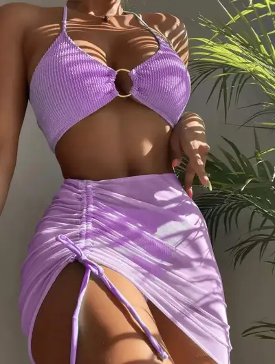 Women Halter String Bikini Skirt Swimsuit 3 Pieces Set