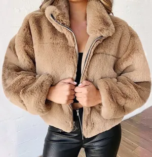 Women Autumn Winter Faux Fur Zipper Cardigan Plush Warm Coat