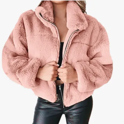 Women Autumn Winter Faux Fur Zipper Cardigan Plush Warm Coat