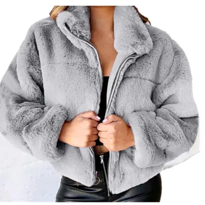 Women Autumn Winter Faux Fur Zipper Cardigan Plush Warm Coat
