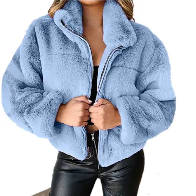 Women Autumn Winter Faux Fur Zipper Cardigan Plush Warm Coat