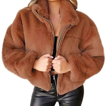 Women Autumn Winter Faux Fur Zipper Cardigan Plush Warm Coat