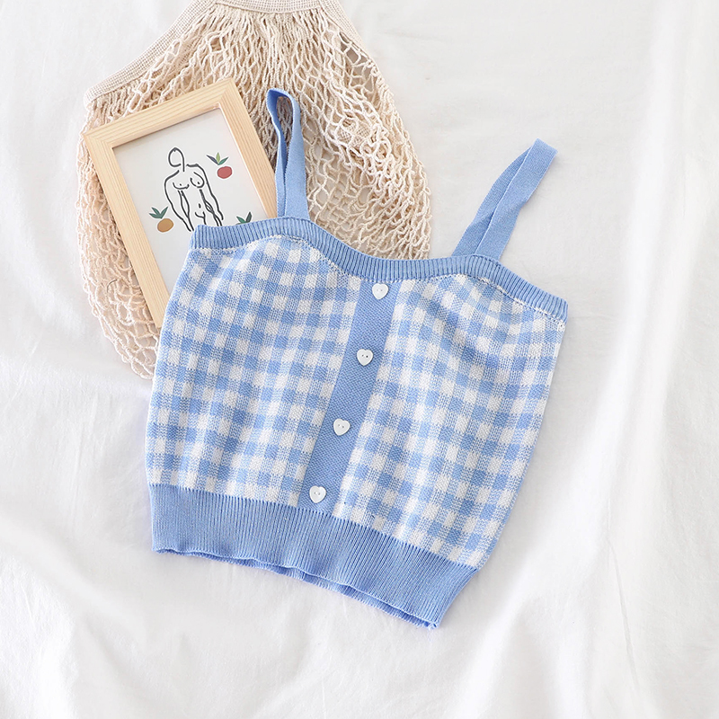 Wholesale Women Plaid Crop Tops Buttons Camis Knitting Cute