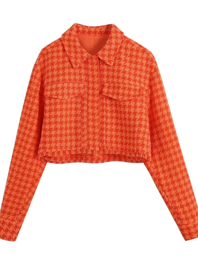 Wholesale Women Orange Tweed Cropped Jacket Single Breasted